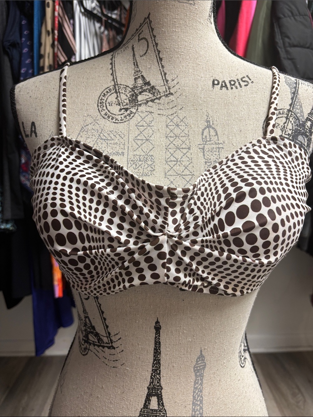 Brown and Off-White Polka Dot Ruched Bikini Top - Picture 2 of 16